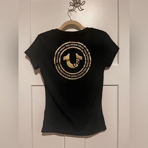 True Religion Women's Black Tee with Gold Glitter Logo